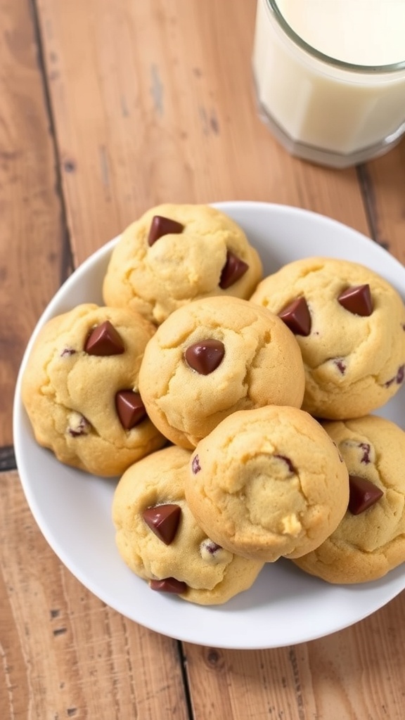 A plate of golden brown vanilla cookies with chocolate chips, accompanied by a glass of milk.